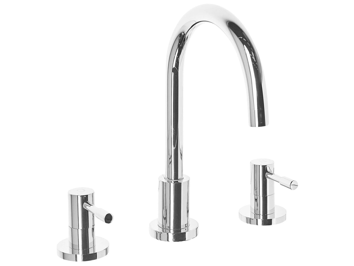 Basin Mixer Tap Silver Brass Two Levers Curved Spout Beliani
