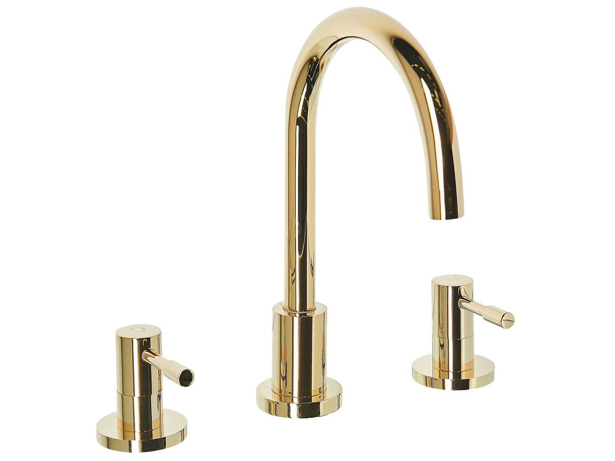 Basin Mixer Tap Gold Brass Two Levers Curved Spout Beliani