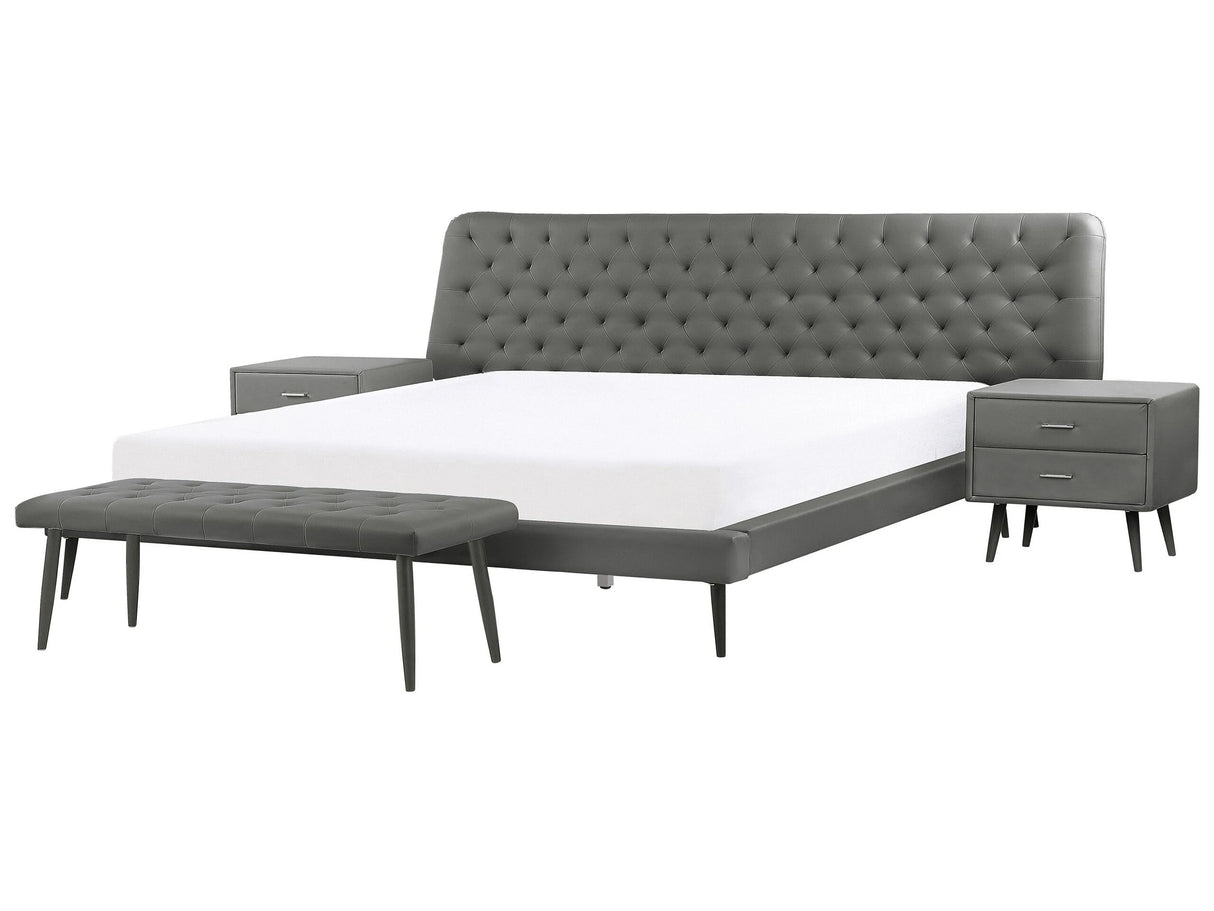 Bedroom Set Grey Faux Leather EU Super King Size 6ft Bed 2 Bedside Tables Bed Bench Beliani