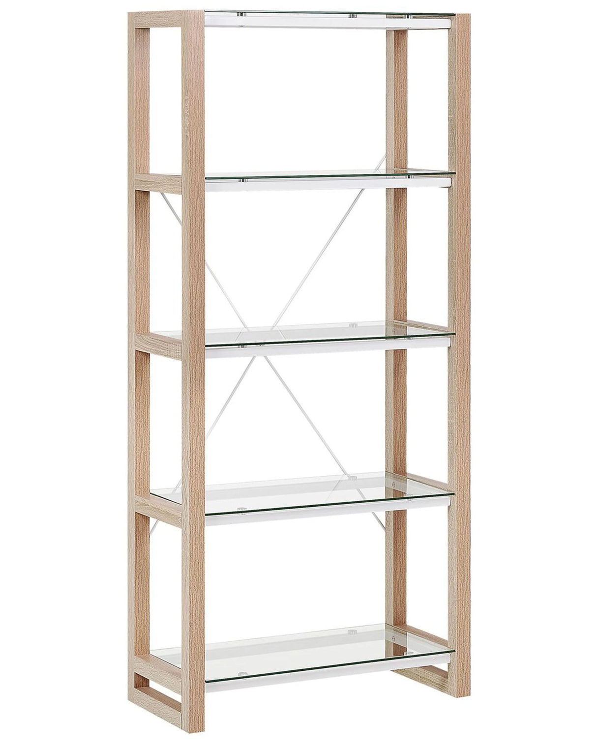 Bookcase White and Light Wood Wooden Glass Shelves Freestanding Shelving Unit Scandinavian Design Beliani