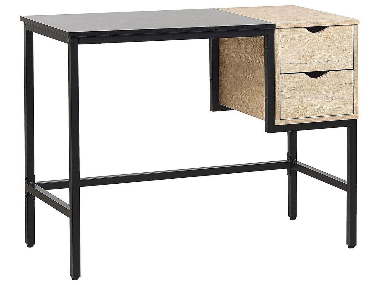 Home Office Desk Black with Light Wood Metal Frame 100 x 48 cm Storage Compartment 2 Drawers PVC Top Beliani