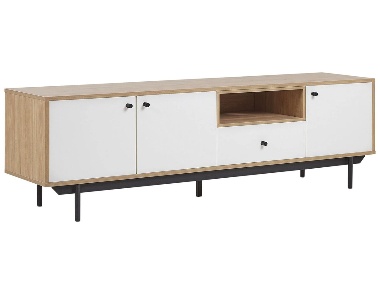 TV Stand Light Wood with White for up to 75 TV Engineered Wood with Drawer Cabinets and Shelves Cable Management Beliani
