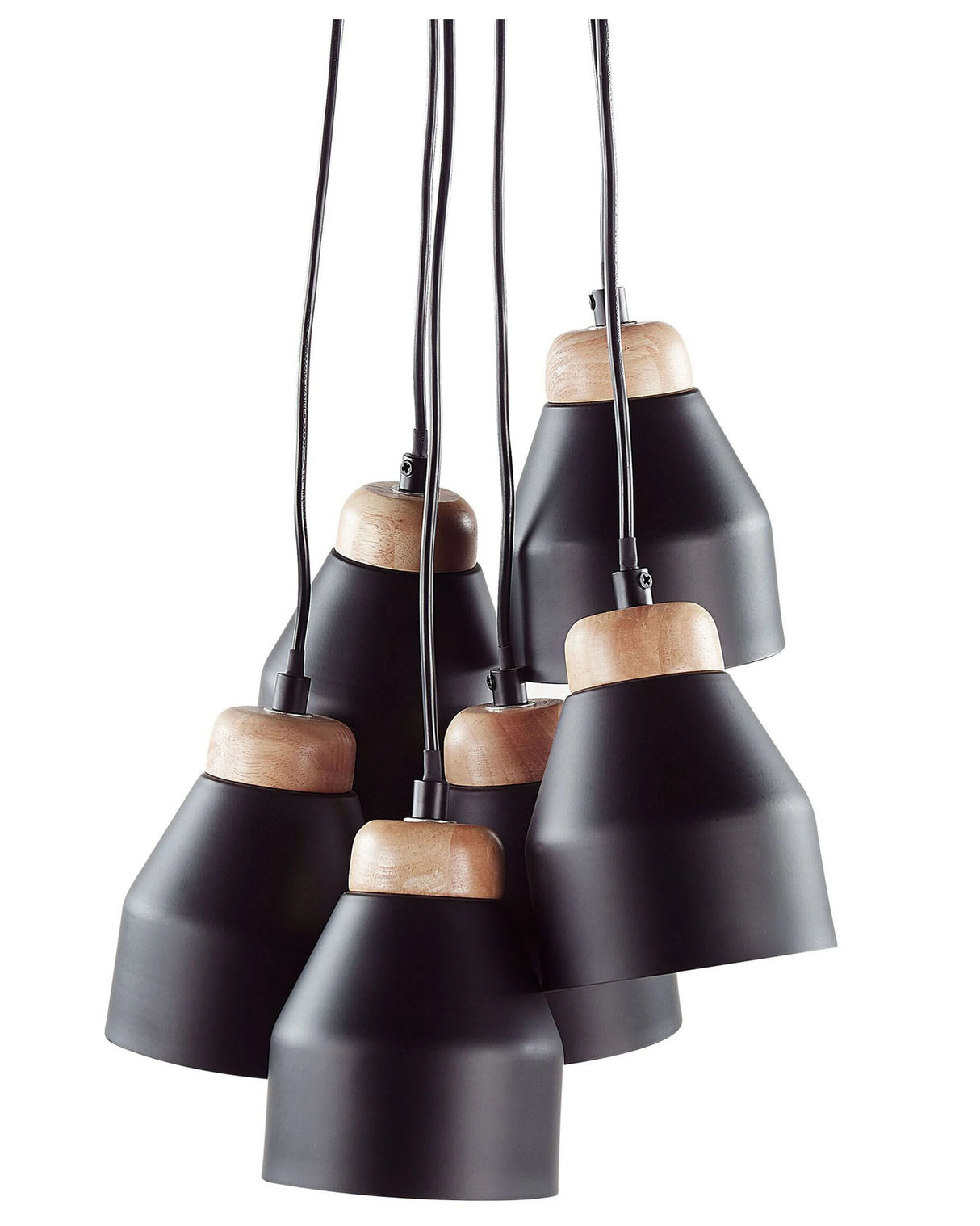 Cluster Pendant Lamp Black Metal and Light Wood 6 Lights Bell Shape Modern Beliani