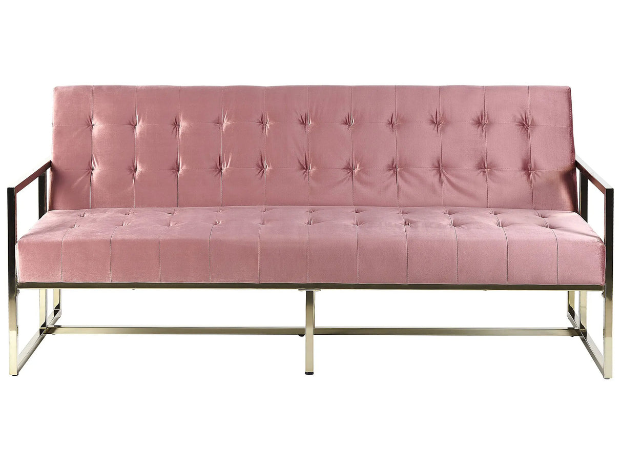 Sofa Bed Gold Metal Frame Tufted Pink Velvet Upholstery Retro Style Couche Settee Living Room Beliani