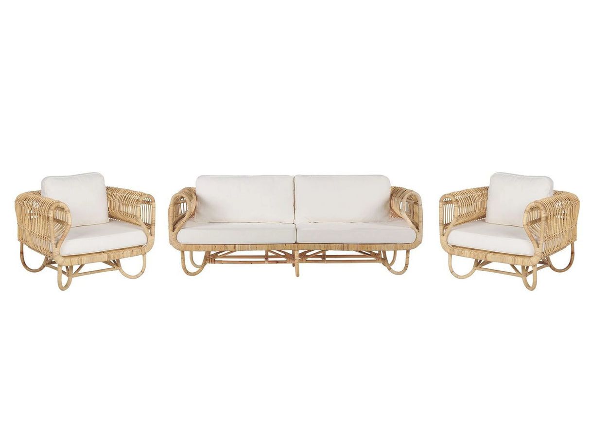 Sofa Set Beige Natural Rattan 2-Seater and Armchairs with Cotton Cushions Wicker Boho Design Beliani