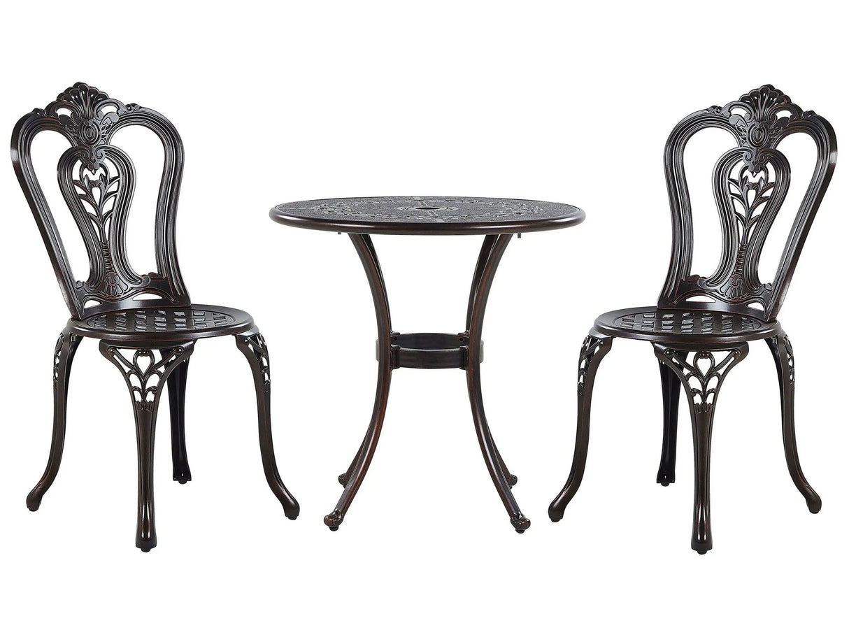 Bistro Set Brown Aluminium Garden Outdoor 2 Seater Table 65 cm 2 Chairs Vintage Beliani