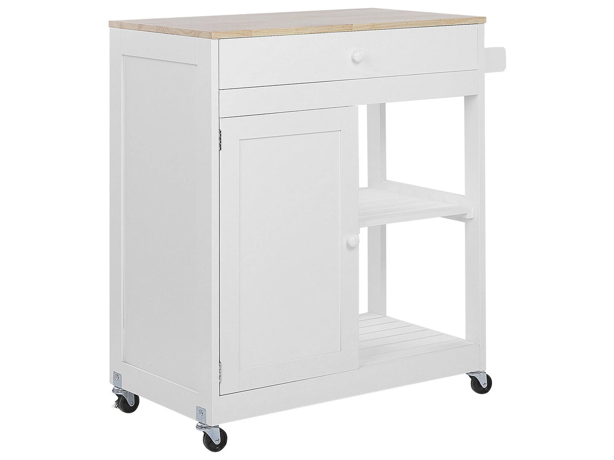 Kitchen Trolley White MDF Rubberwood 75 x 43 x 87 cm Cabinet Towel Rack 2 Shelves Cutlery Drawer Castors Beliani