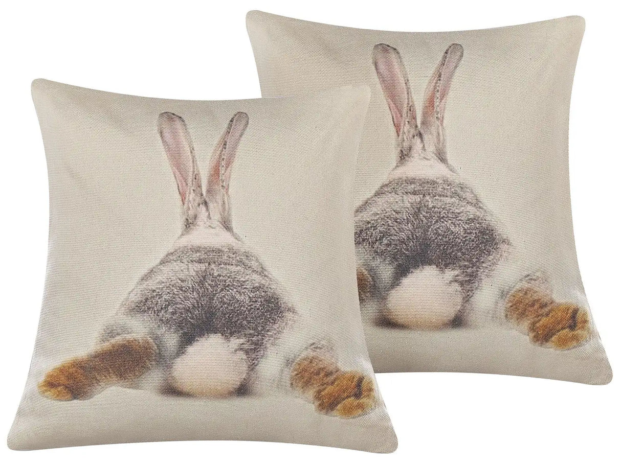 Set of 2 Decorative Cushions Taupe Cotton Easter Bunny Print 45 x 45 cm Square Beliani
