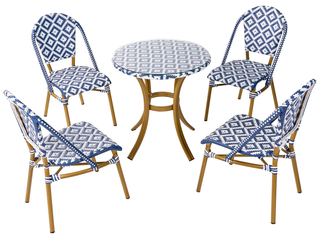 4 Seater Garden Dining Set Blue and White PE Rattan Top 70 Table and 4 Stackable Aluminium Frame Beliani