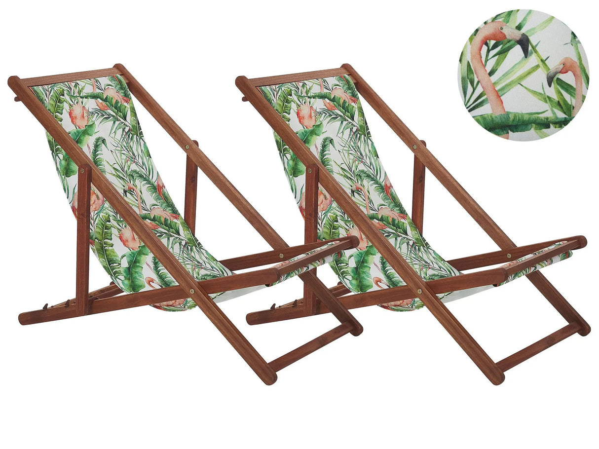 Set of 2 Garden Deck Chairs Dark Acacia Wood Frame Flamingo Pattern Replacement Fabric Hammock Seat Reclining Folding Sun Lounger Beliani