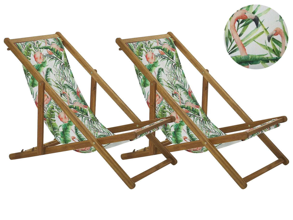 Set of 2 Garden Deck Chairs Light Acacia Wood Frame Flamingo Pattern Replacement Fabric Hammock Seat Reclining Folding Sun Lounger Beliani