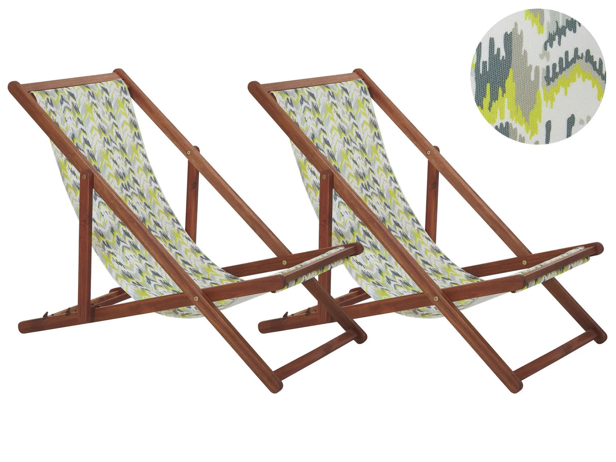 Set of 2 Garden Deck Chairs Dark Acacia Wood Frame Yellow and Grey Replacement Fabric Hammock Seat Reclining Folding Sun Lounger Beliani