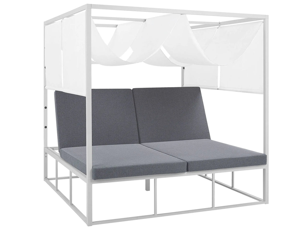 Garden Four Poster Daybed White and Grey Aluminium Frame with Canopy Polyester Cushions Outdoor Bed Beliani