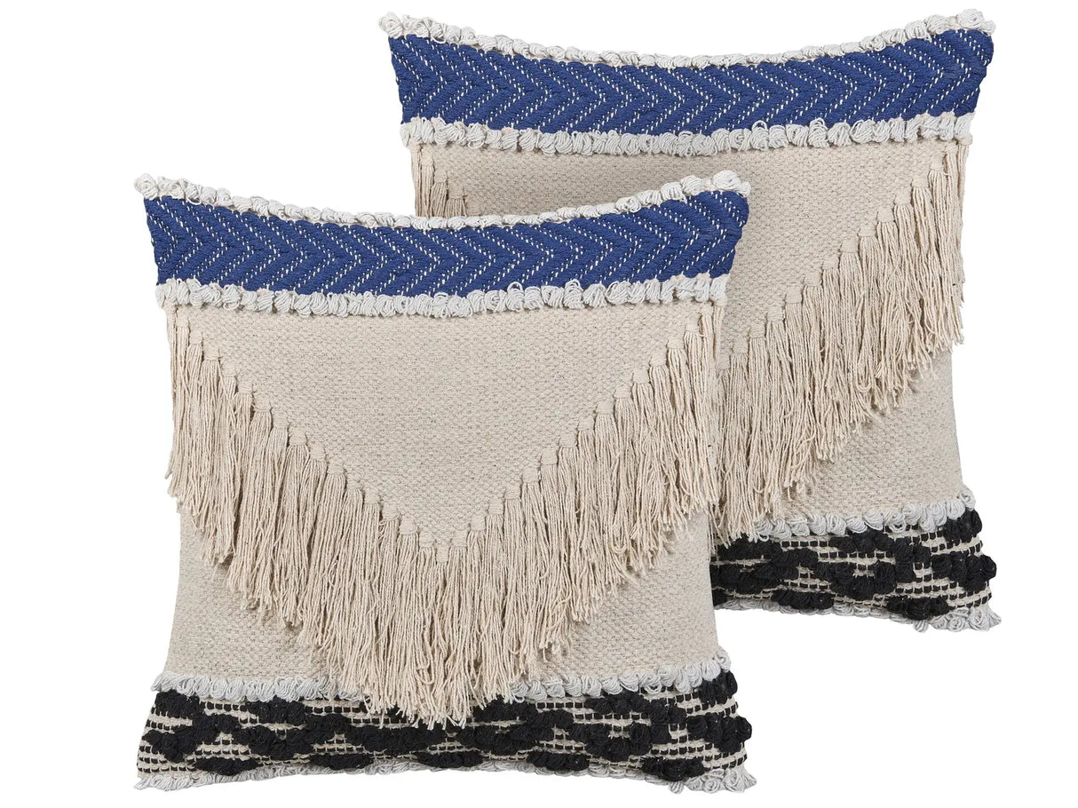 Set of 2 Scatter Cushions Beige Cotton 45 x 45 cm Pillow Case Textured Fringe with Polyester Filling Beliani