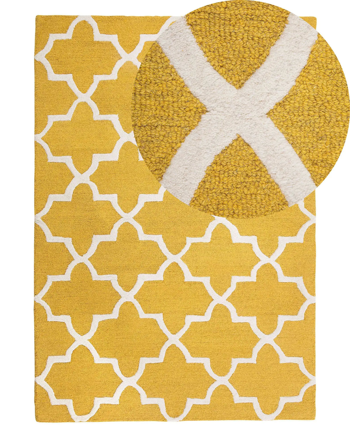 Area Rug Yellow Wool 140 x 200 cm Trellis Quatrefoil Pattern Hand Tufted Oriental Moroccan Clover Beliani