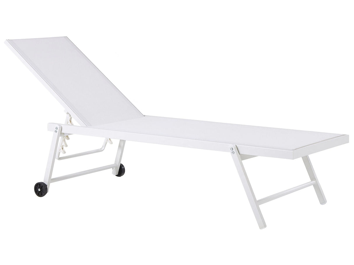 Garden Sun Lounger White Synthetic Seat Aluminium Frame 198 x 61 cm Adjustable Reclining Backrest with Castors Patio Beliani