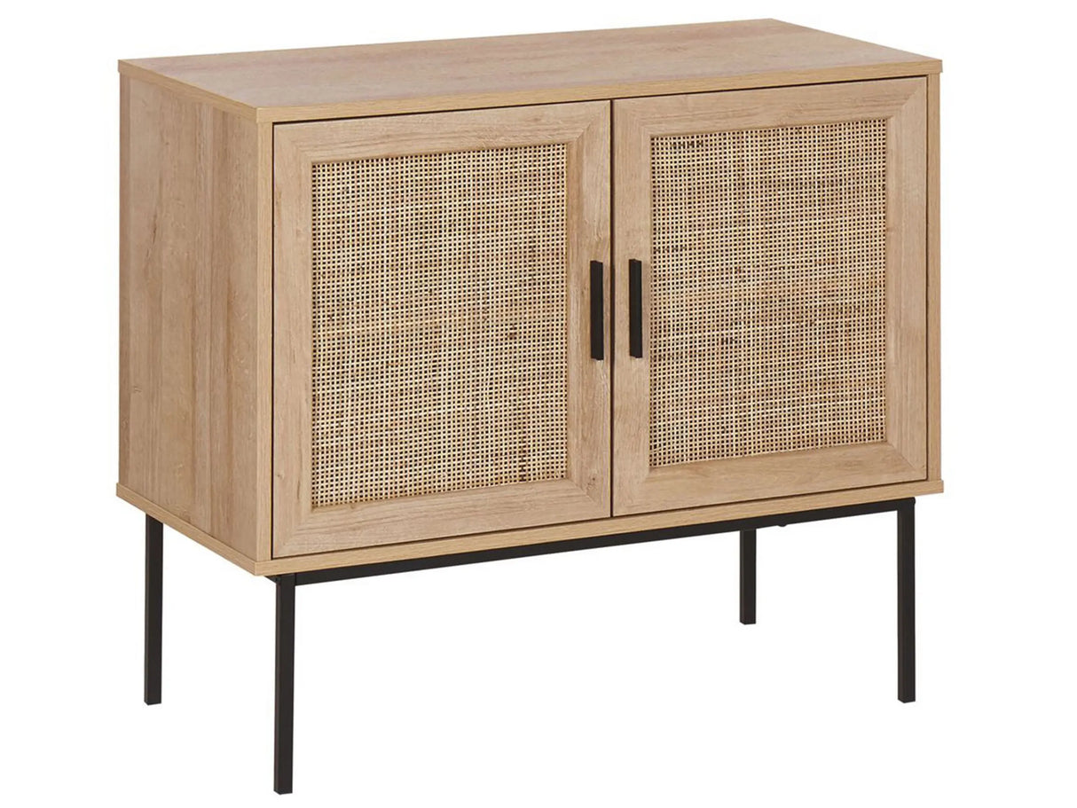 2 Door Sideboard Light Wood Natural Rattan Front 72 x 80 cm Metal Leg Boho Style Wicker Cabinet Beliani