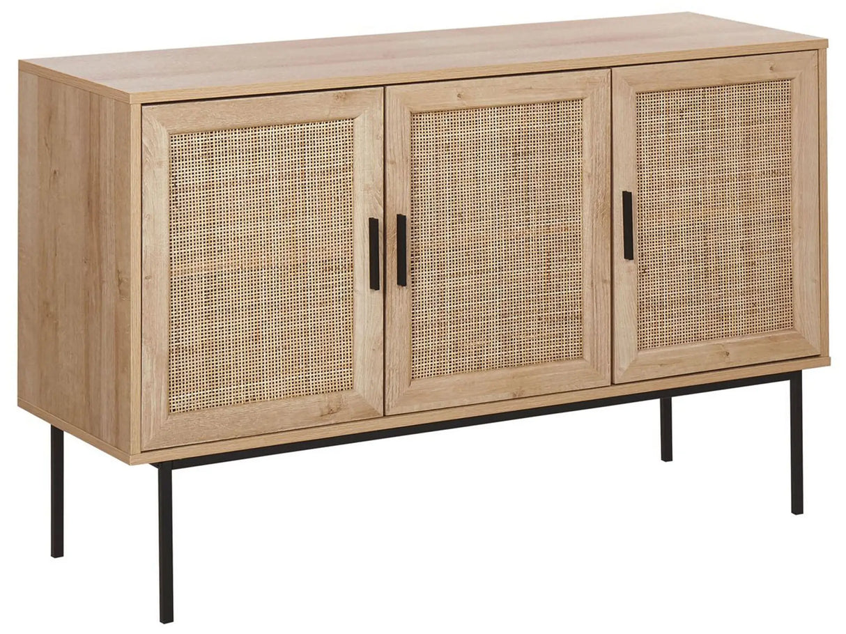 3 Door Sideboard Light Wood Natural Rattan Front 76 x 120 cm Metal Leg Boho Style Wicker Cabinet Beliani