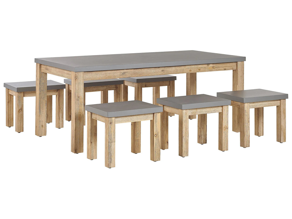 Outdoor Dining Set Grey Fibre Cement Light Acacia Wood 6 Seater Table 6 Stools Modern Industrial Design Beliani