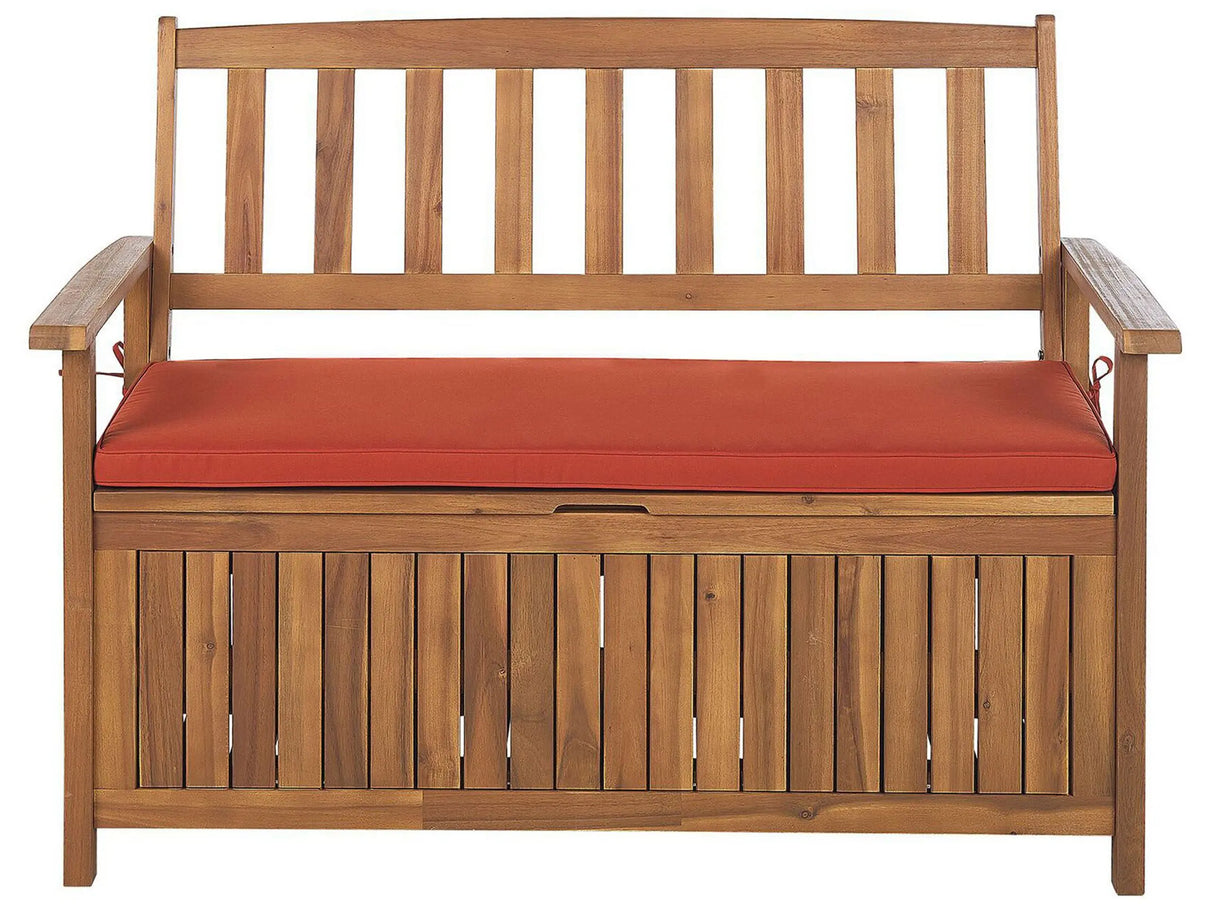 Outdoor Bench with Storage Solid Acacia Wood 2 Seater 120 cm with Red Cushion Beliani
