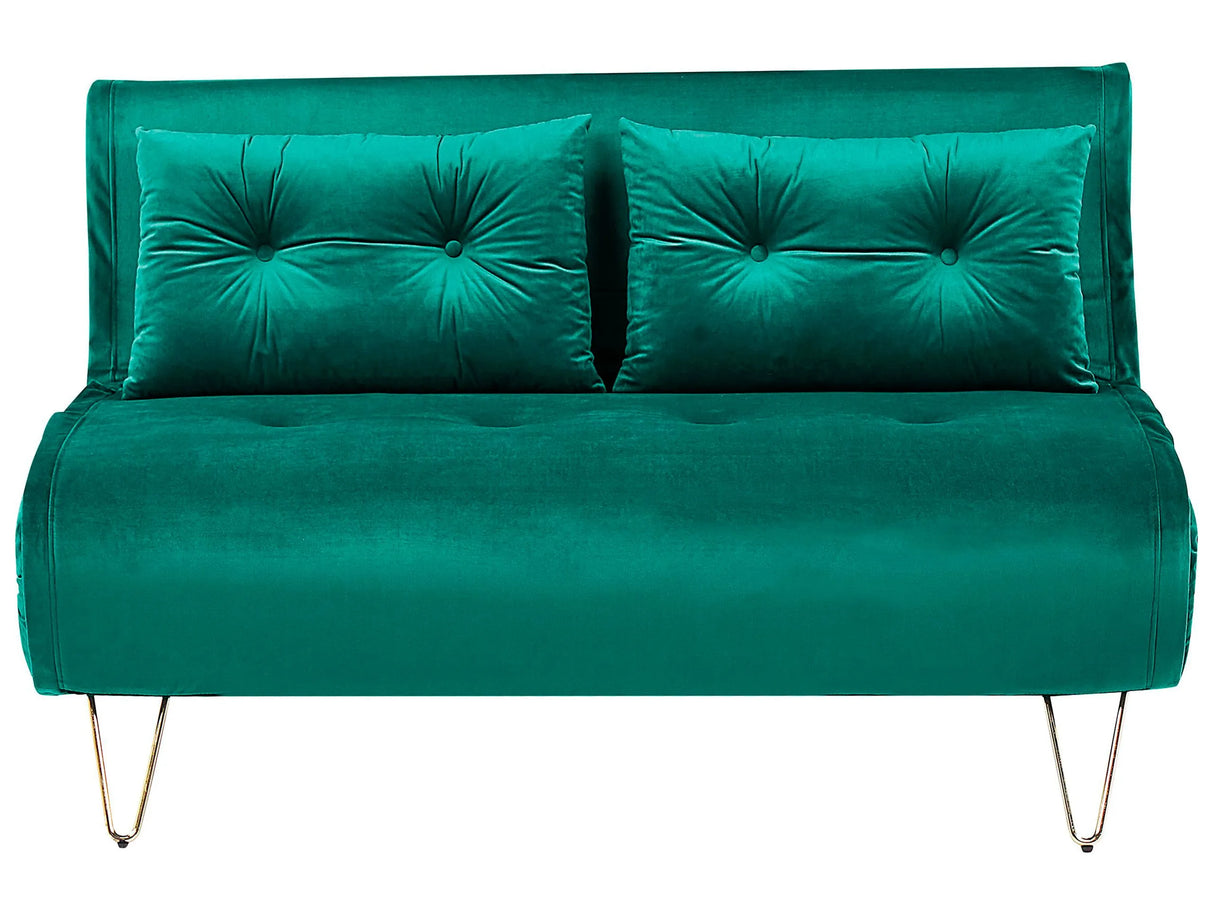 Sofa Bed Dark Green Velvet 2 Seater Fold-Out Sleeper Armless With 2 Cushions Metal Gold Legs Glamour Beliani