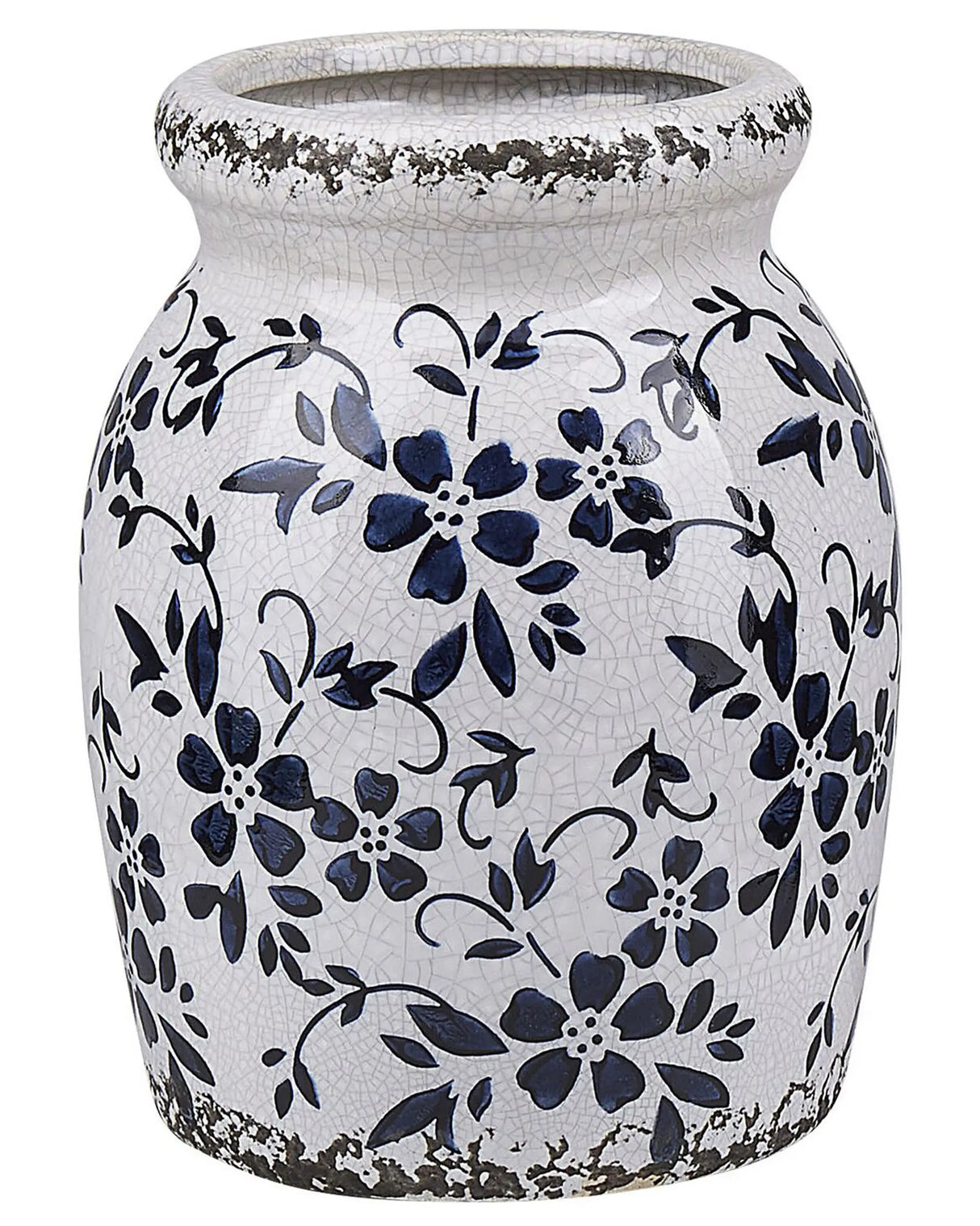 Flower Vase White with Navy Blue Stoneware Waterproof Crackle Effect Weathered Floral Pattern Beliani