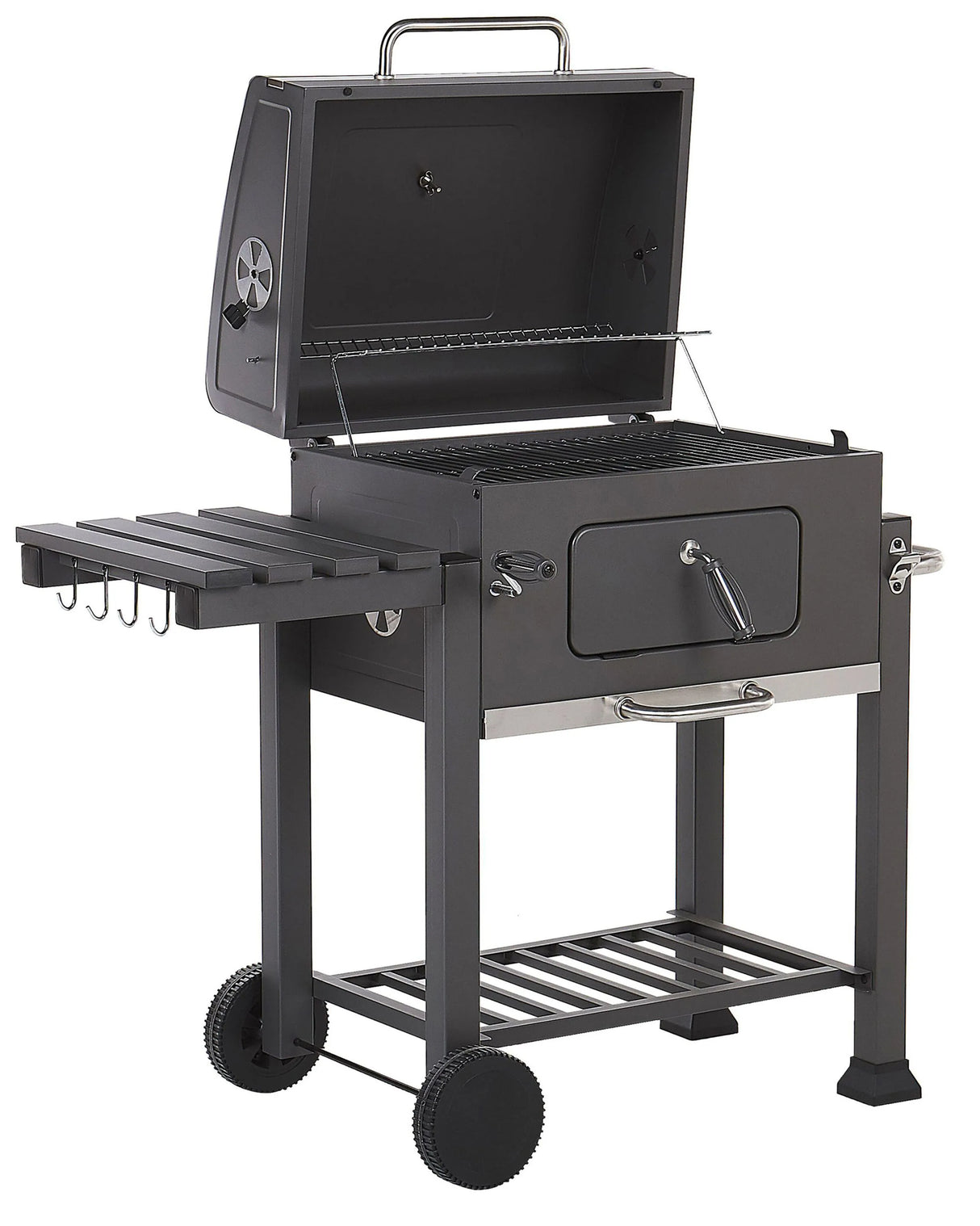 Charcoal BBQ Grill Grey Stainless Steel with Lid Wheeled Cooking Grate Warming Grate 2 Shelves Removable Ash Tray Beliani