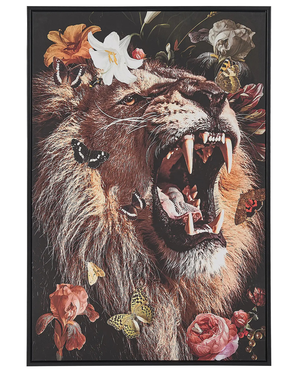 Framed Canvas Wall Art Multicolour 63 x 93 cm Lion Print Animal Floral Motif Modern Boho Wall Dcor for Living Room Bedroom Beliani