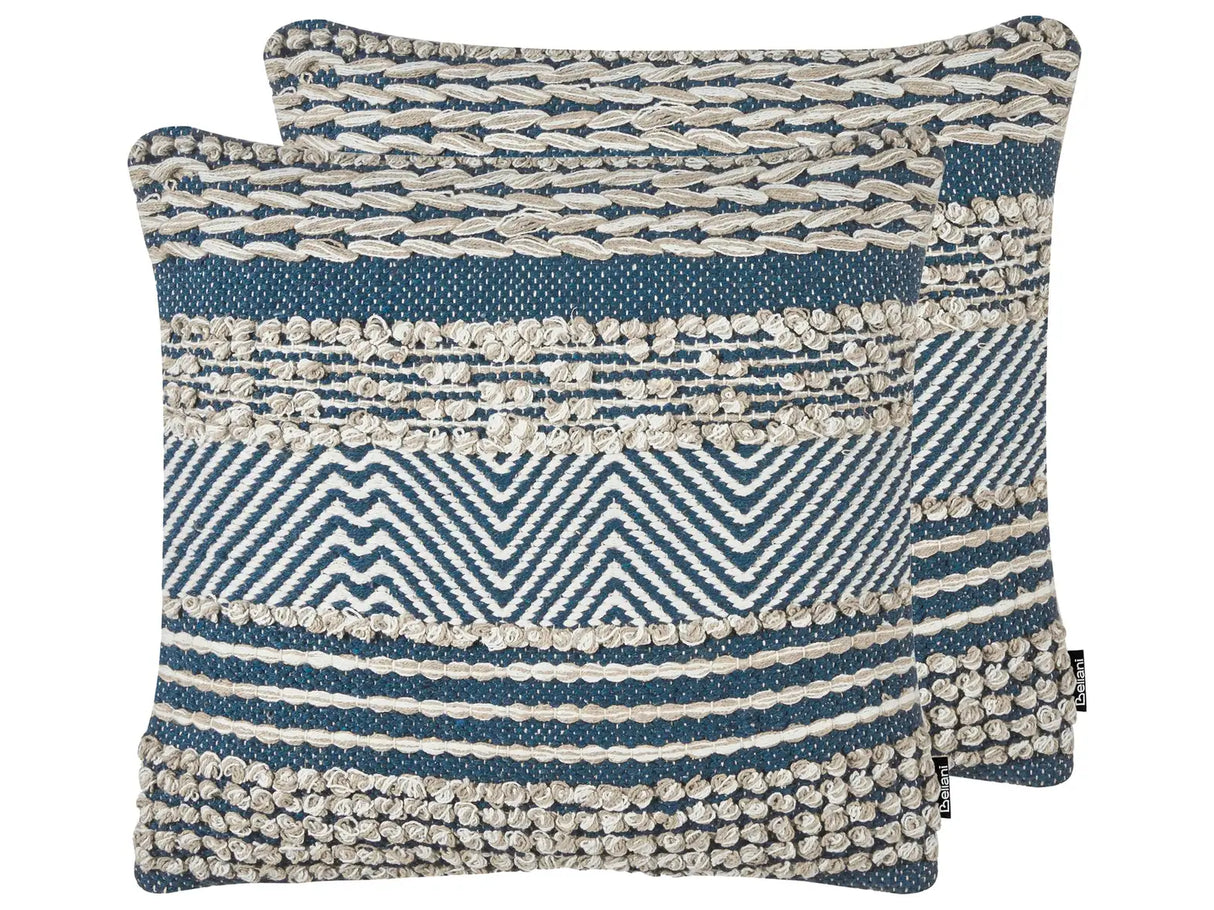 Set of 2 Scatter Cushions Beige and Blue Cotton 45 x 45 cm Geometric Pattern Handwoven Removable Covers with Filling Boho Style Beliani