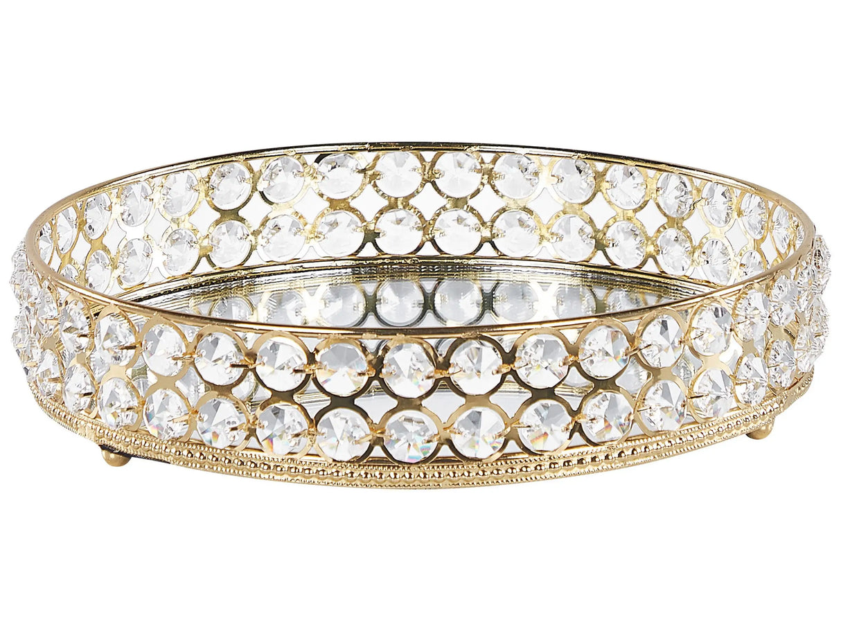 Decorative Tray Gold Iron and Glass Mirrored Round with Rhinestones Tabletop Glamour Accent Piece Beliani