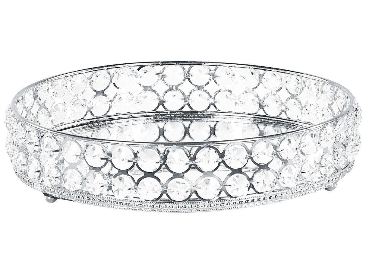 Decorative Tray Silver Iron and Glass Mirrored Round with Rhinestones Tabletop Glamour Accent Piece Beliani