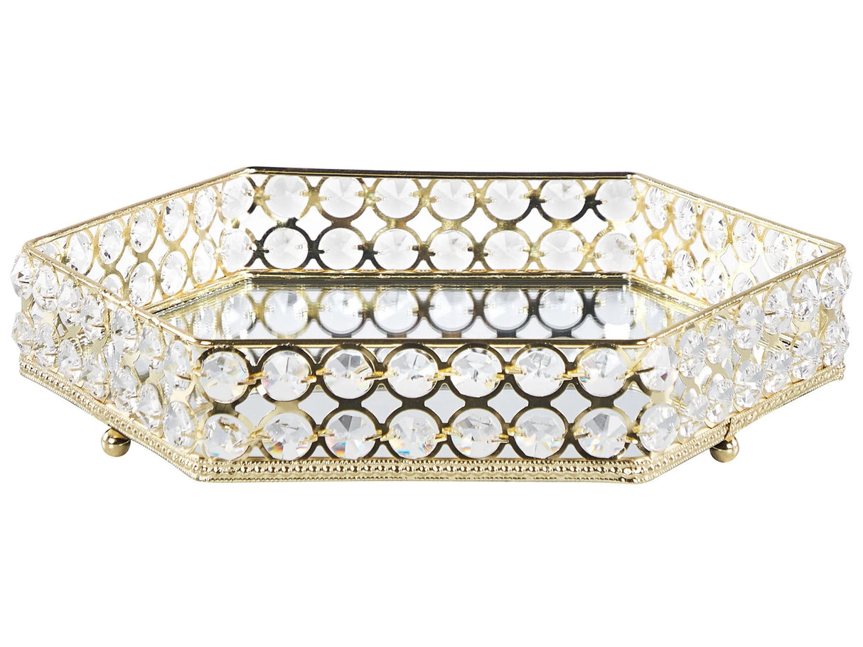 Decorative Tray Gold Iron and Glass Mirrored Hexagonal with Rhinestones Tabletop Glamour Accent Piece Beliani