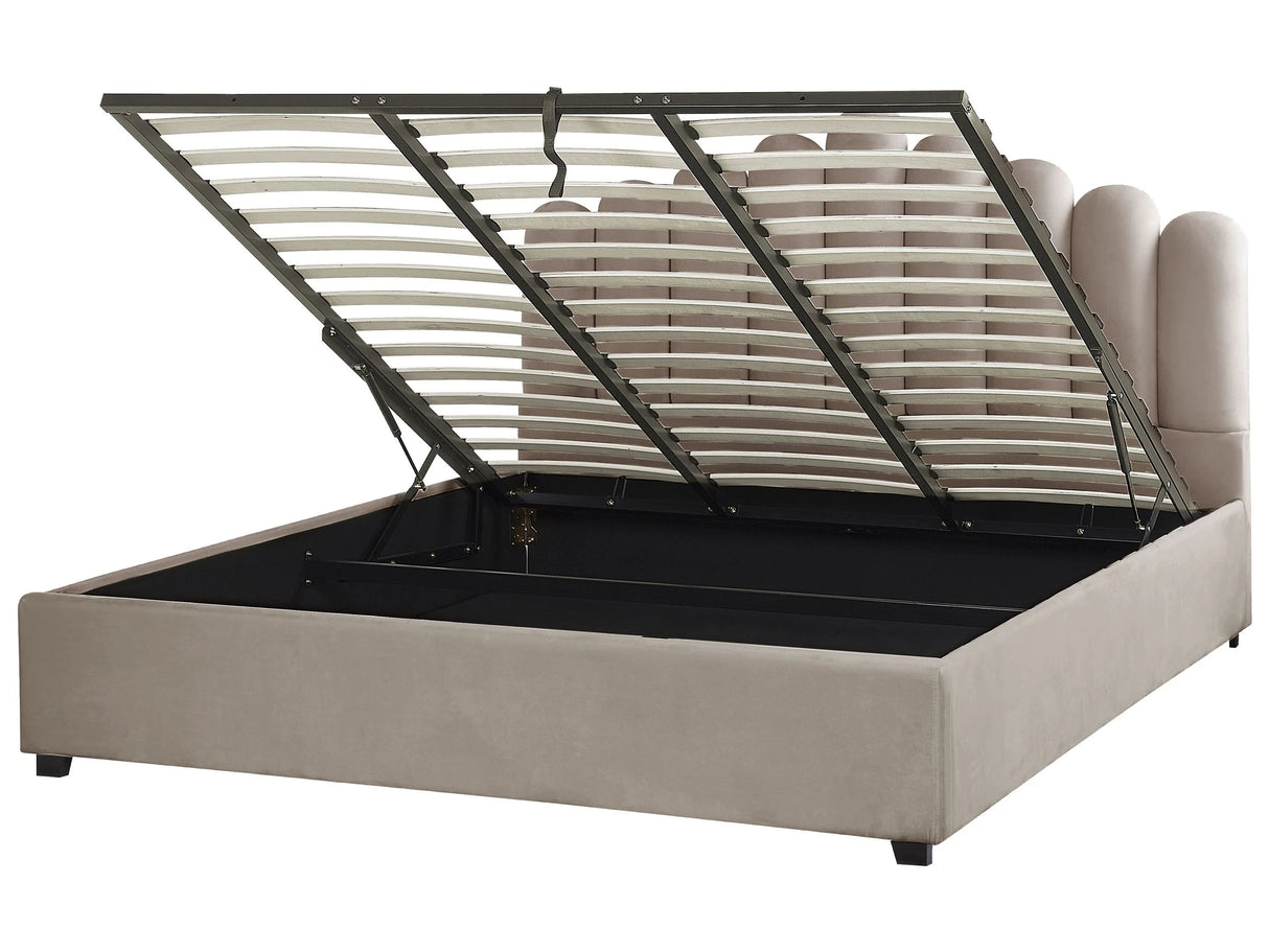 Storage Bed Taupe Velvet EU Super King Size 6ft Sea Shell Headboard Slatted Base 180 x 200 cm Beliani