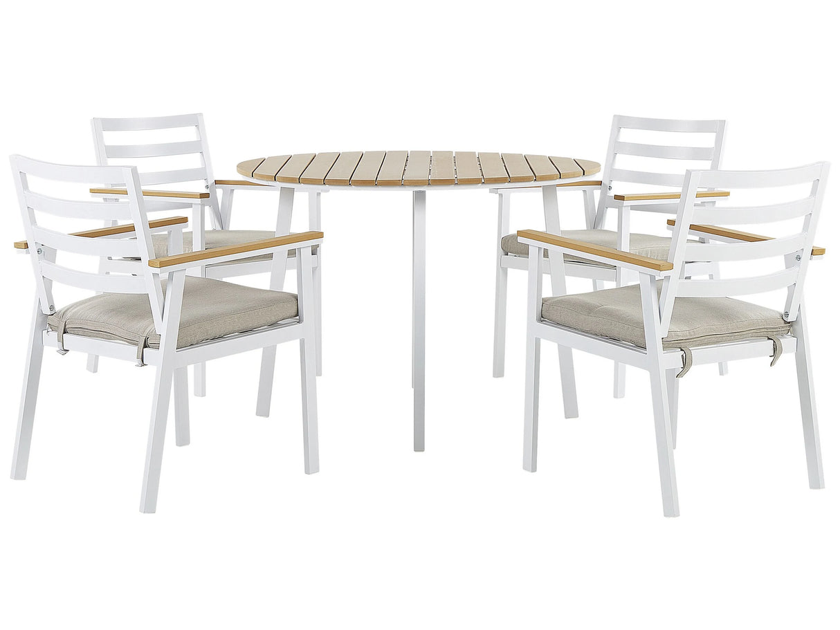 Outdoor Dining Set White Aluminium 4 Seater Round Table 105 cm Slatted Chairs with Beige Seat Pads Beliani