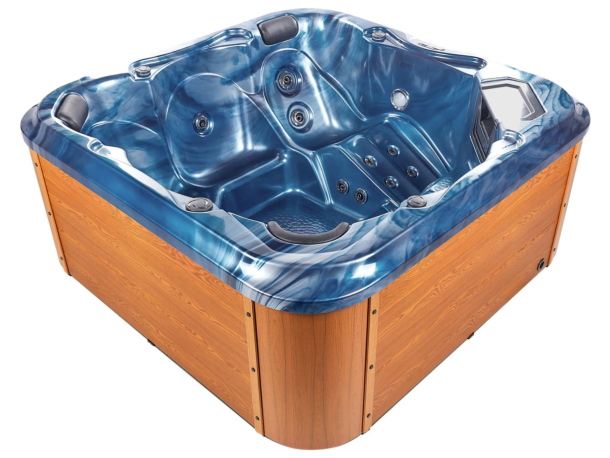 Hot Tub Blue Acrylic 210 x 210 cm 28 Jets Light Wood Aluminium Exterior with LED Heating Beliani