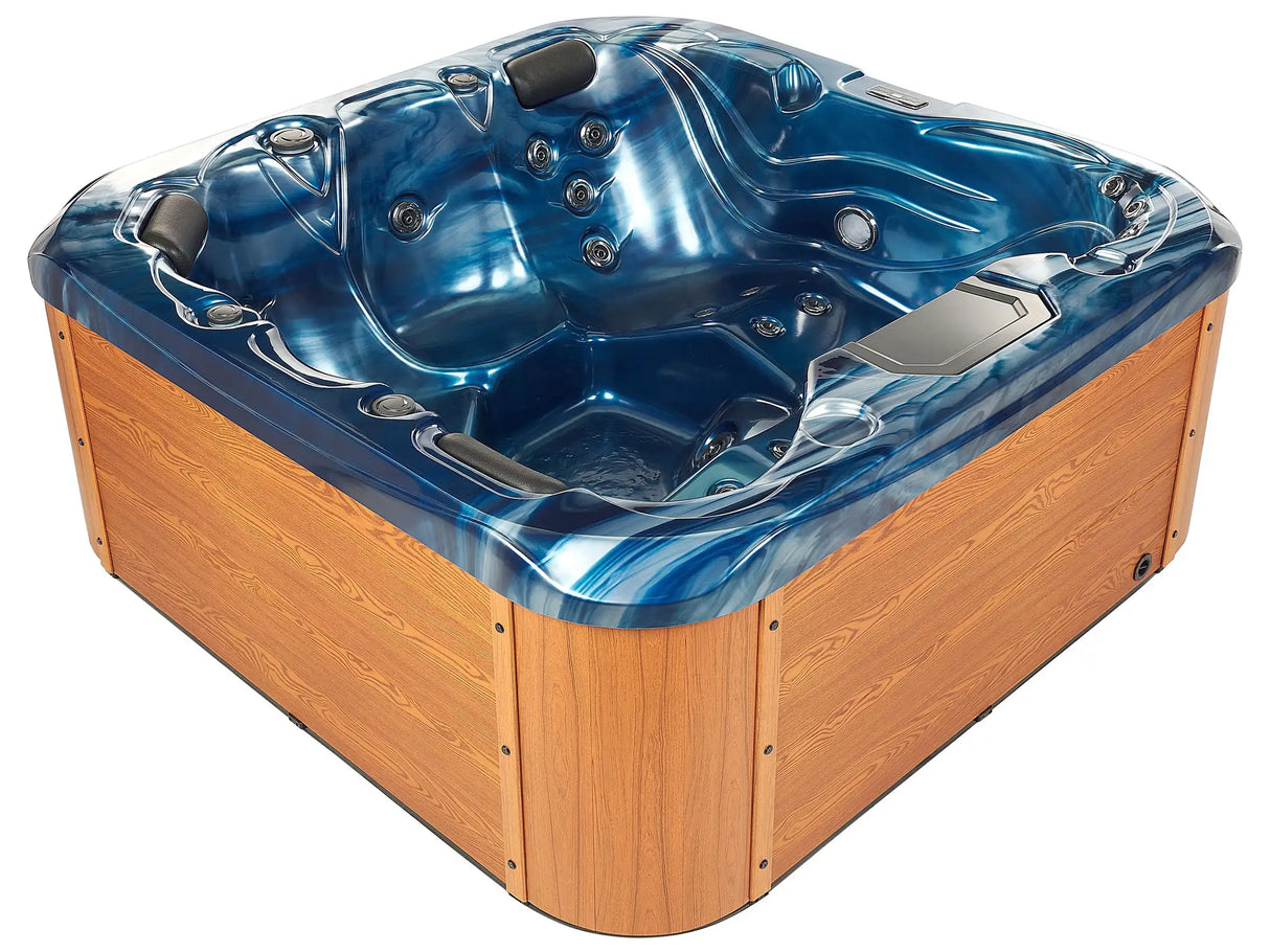 Hot Tub Blue Acrylic 200 x 200 cm 31 Jets Light Wood Aluminium Exterior with LED Heating Beliani