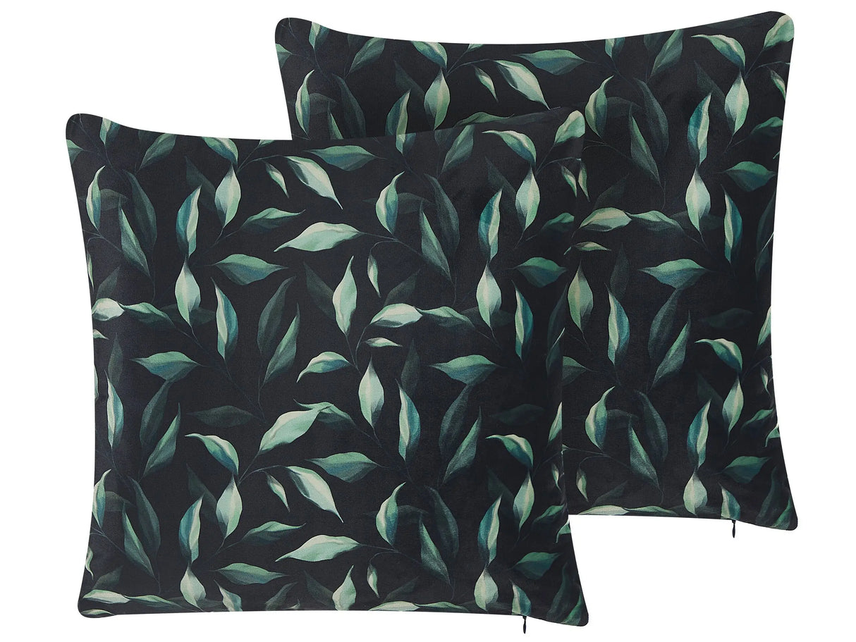 Set of 2 Scatter Cushions Black and Green 45 x 45 cm Leaf Pattern Print Decorative Throw Pillows Removable Covers Zipper Closure Modern Style Beliani