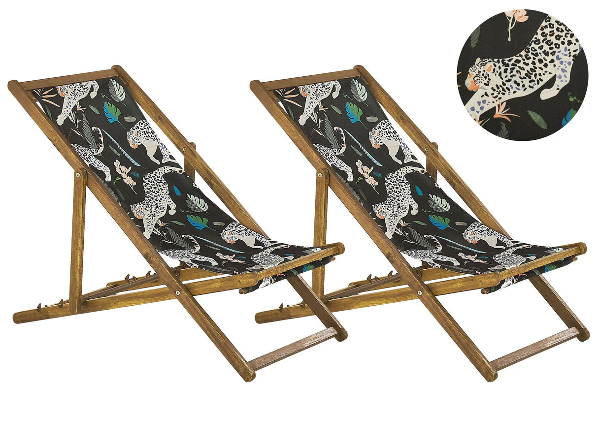 Set of 2 Garden Deck Chairs Light Acacia Wood Frame Animal Pattern Replacement Fabric Hammock Seat Reclining Folding Sun Lounger Beliani