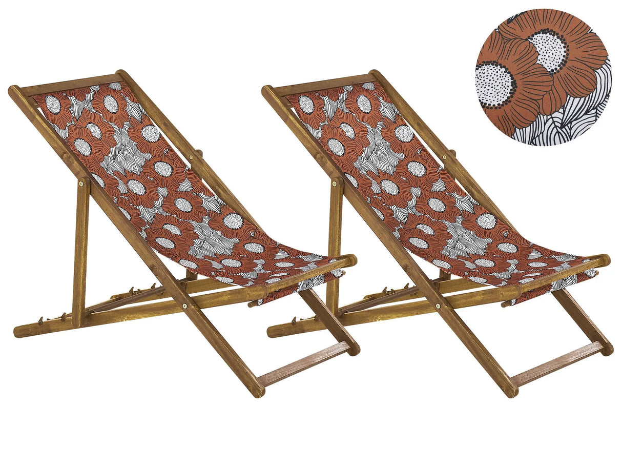 Set of 2 Garden Deck Chairs Light Acacia Wood Frame Poppies Pattern Replacement Fabric Hammock Seat Reclining Folding Sun Lounger Beliani