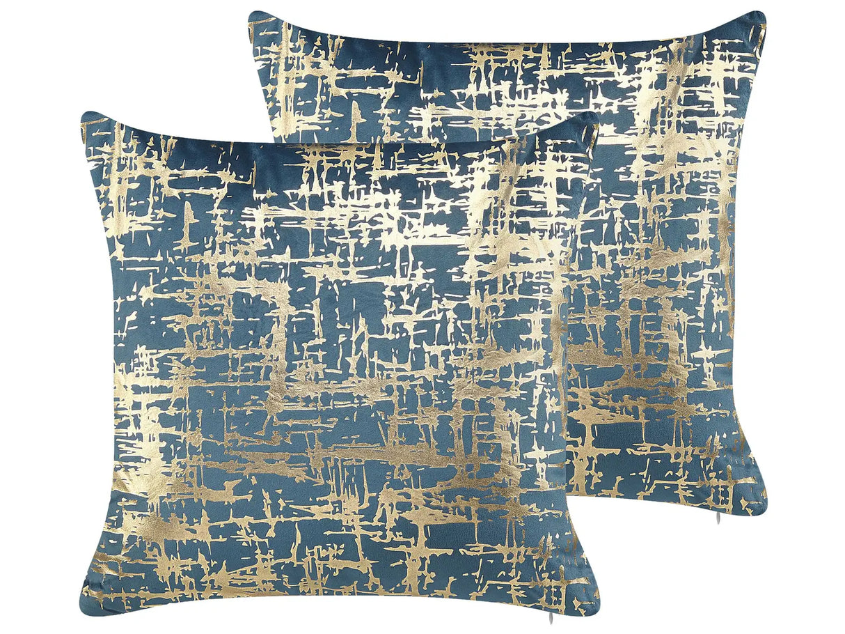 Set of 2 Decorative Cushions Polyester Blue and Gold Crackle Effect 45 x 45 cm Foil Print Pattern Beliani