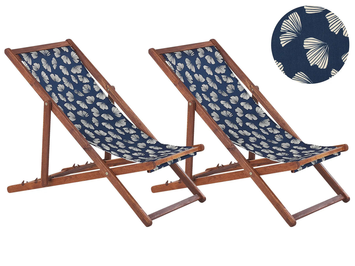 Set of 2 Garden Deck Chairs Dark Acacia Wood Frame Floral Pattern Replacement Fabric Hammock Seat Reclining Folding Sun Lounger Beliani