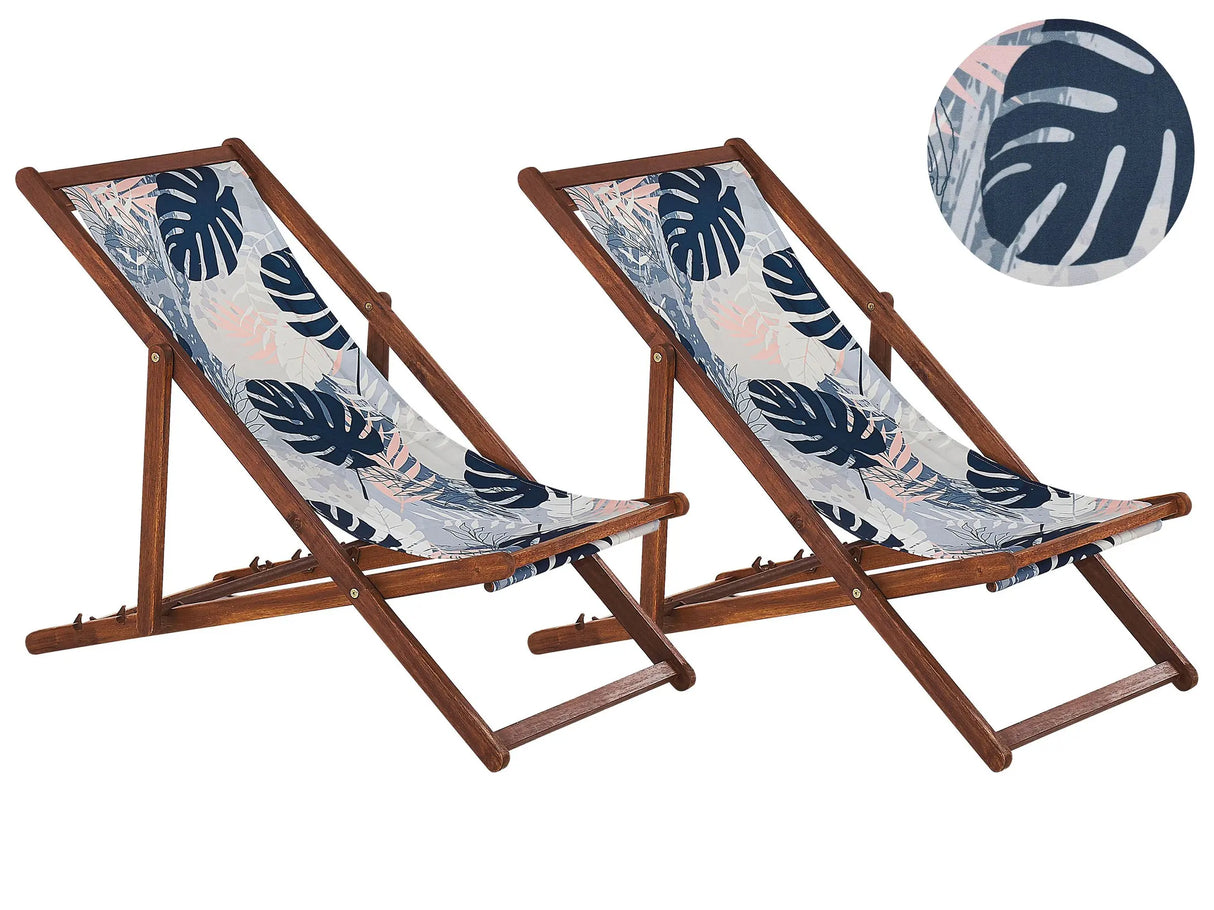 Set of 2 Garden Deck Chairs Dark Acacia Wood Frame Palm Leaves Pattern Replacement Fabric Hammock Seat Reclining Folding Sun Lounger Beliani