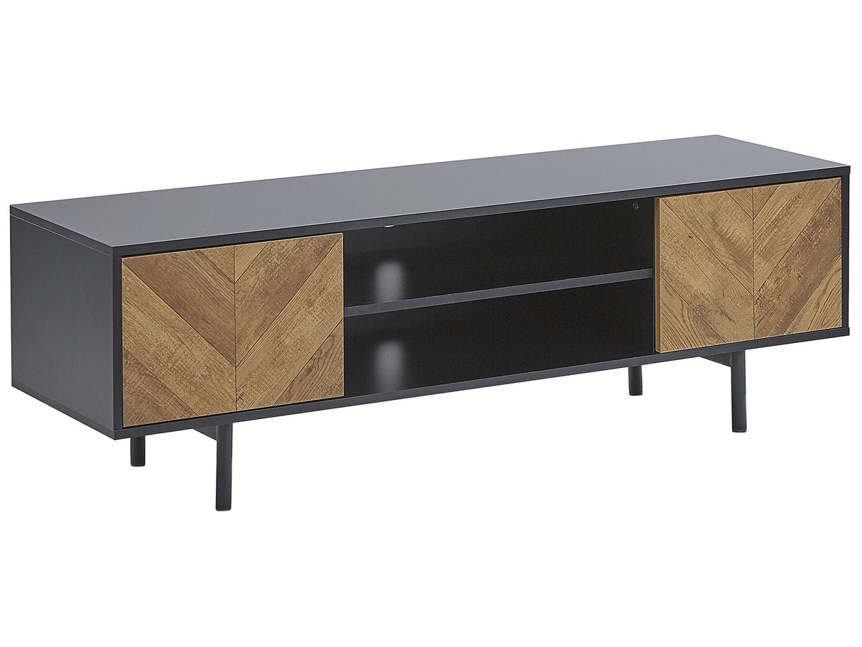 TV Stand Light Wood and Black Particle Board for up to 60 with 2 Doors Industrial Style Beliani