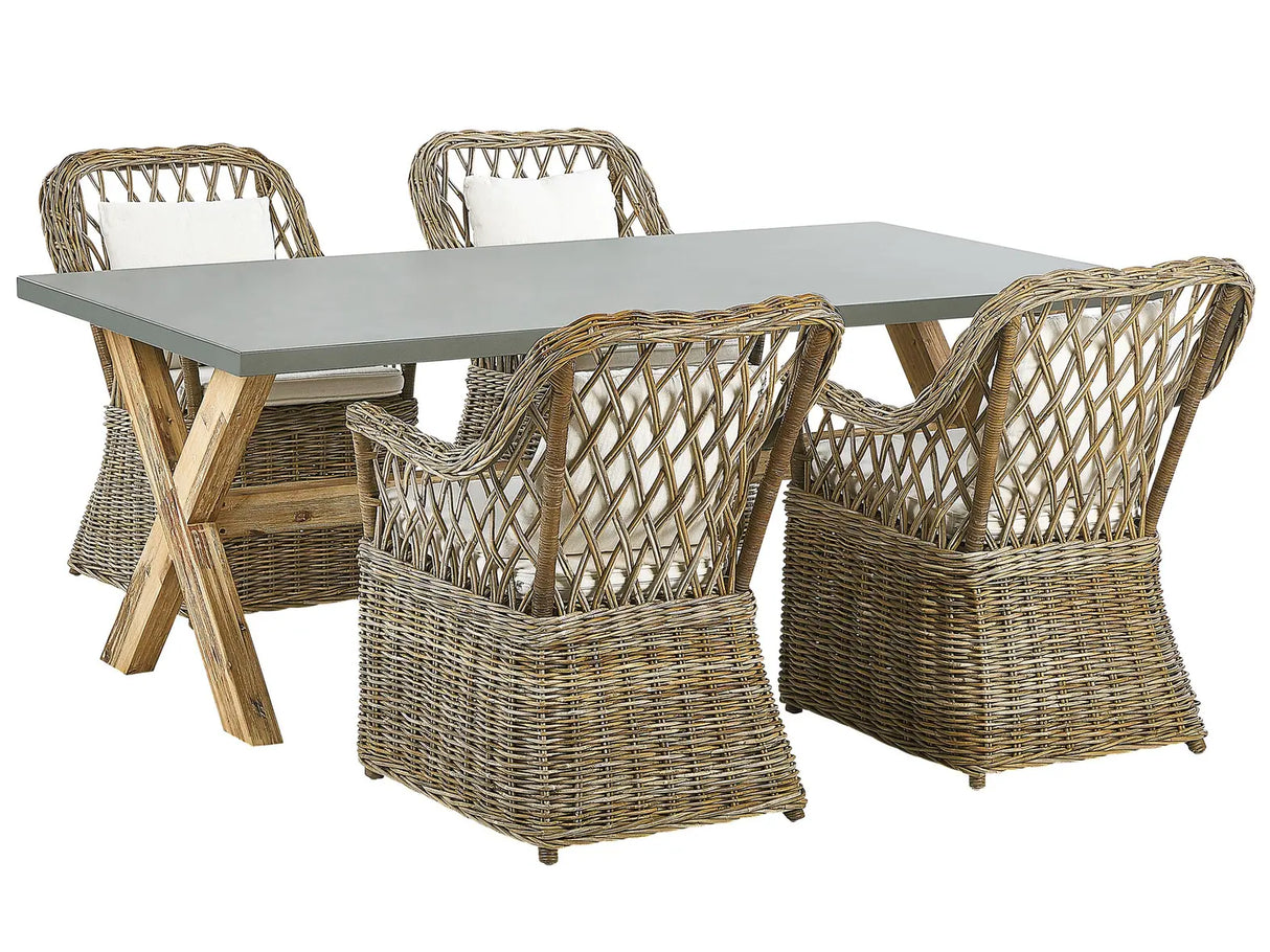 Garden Dining Set Natural Concrete Table 4 Rattan Wicker Chairs with Cotton Cushions Beliani