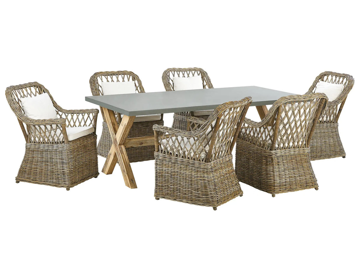 Garden Dining Set Natural Concrete Table 6 Rattan Wicker Chairs with Cotton Cushions Beliani