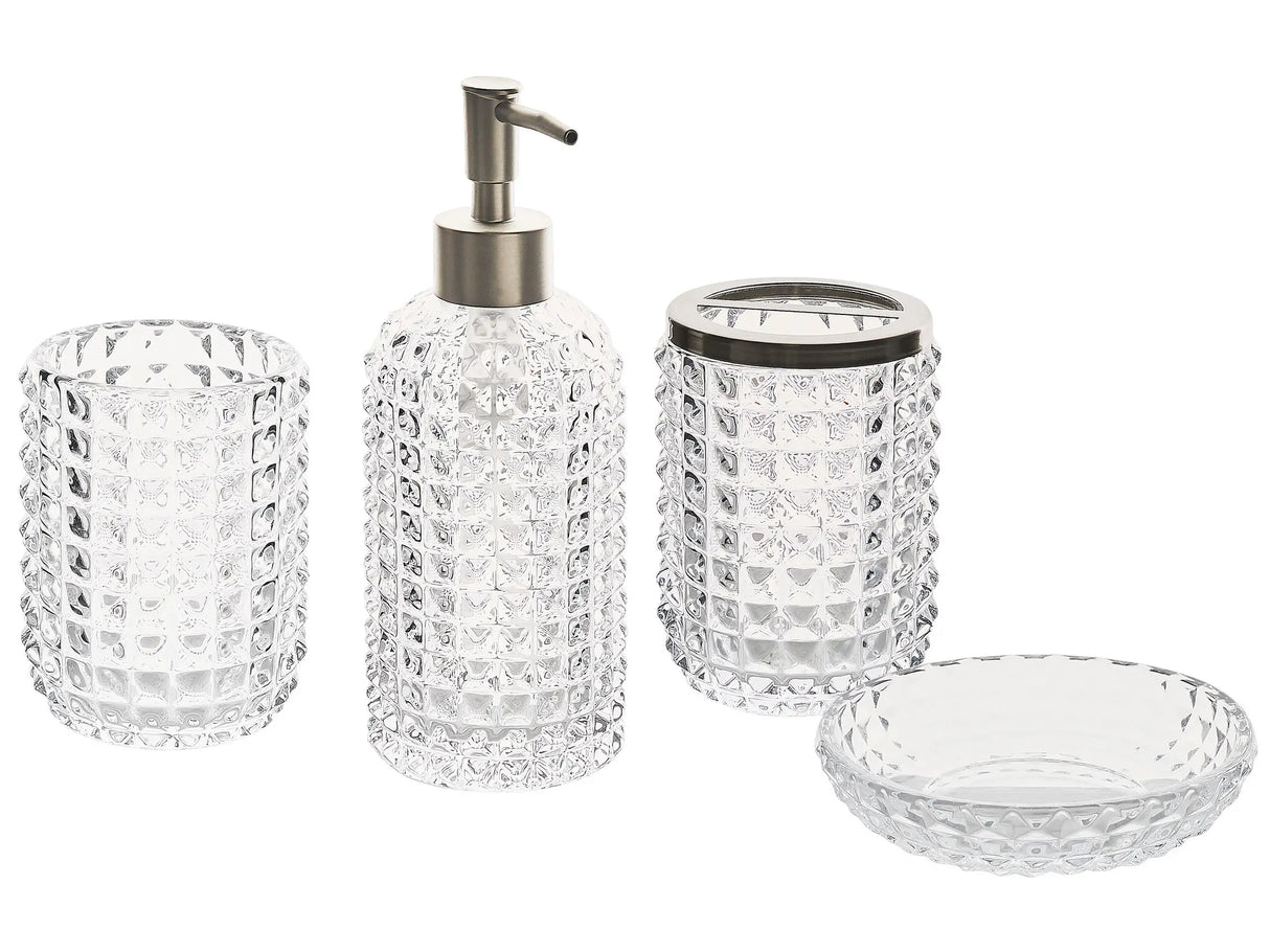 4-Piece Bathroom Accessories Set Clear Glass Glam Soap Dispenser Soap Dish Toothrbrush Holder Cup Beliani