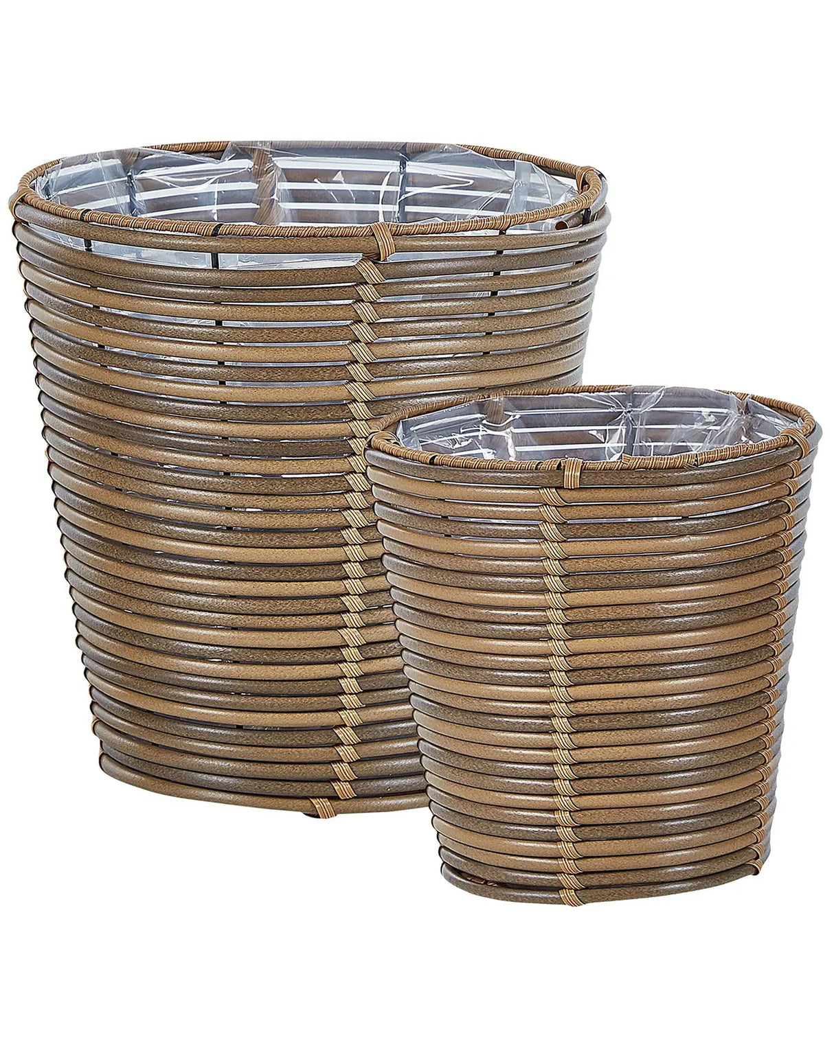 Set of 2 Plant Baskets Brown PE Rattan Planter Pots with Lining Indoor Outdoor Use Beliani