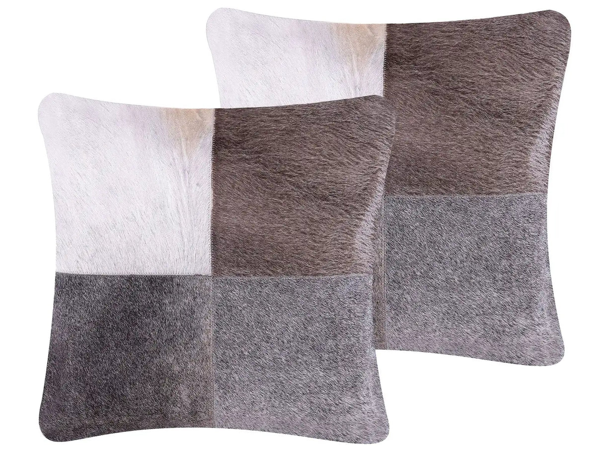 Decorative Cushions Grey Cowhide Leather Patchwork Two Pieces 45 x 45 cm Country Modern Decor Accessories Beliani