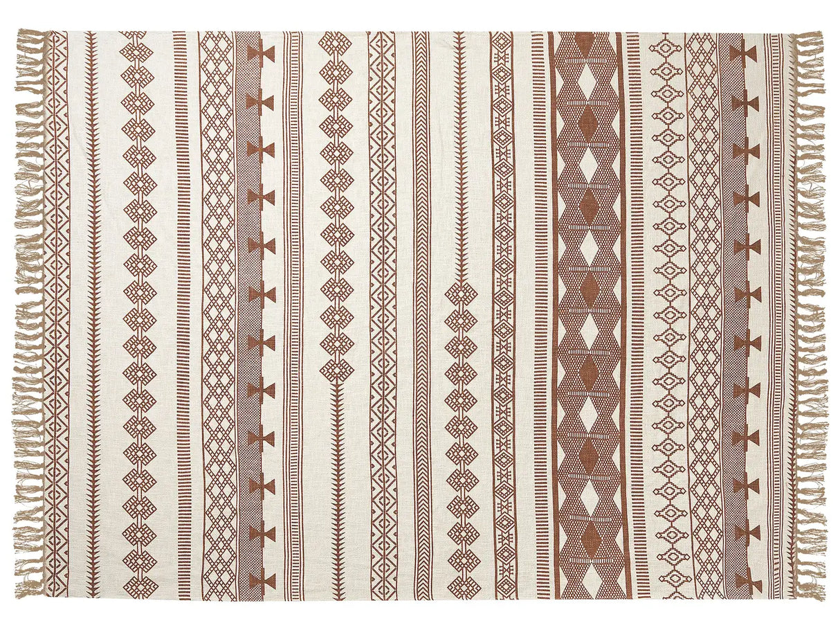 Cotton Blanket Beige Brown 130 x 180 cm Bed Throw African Kilim Pattern Etnic Design Beliani