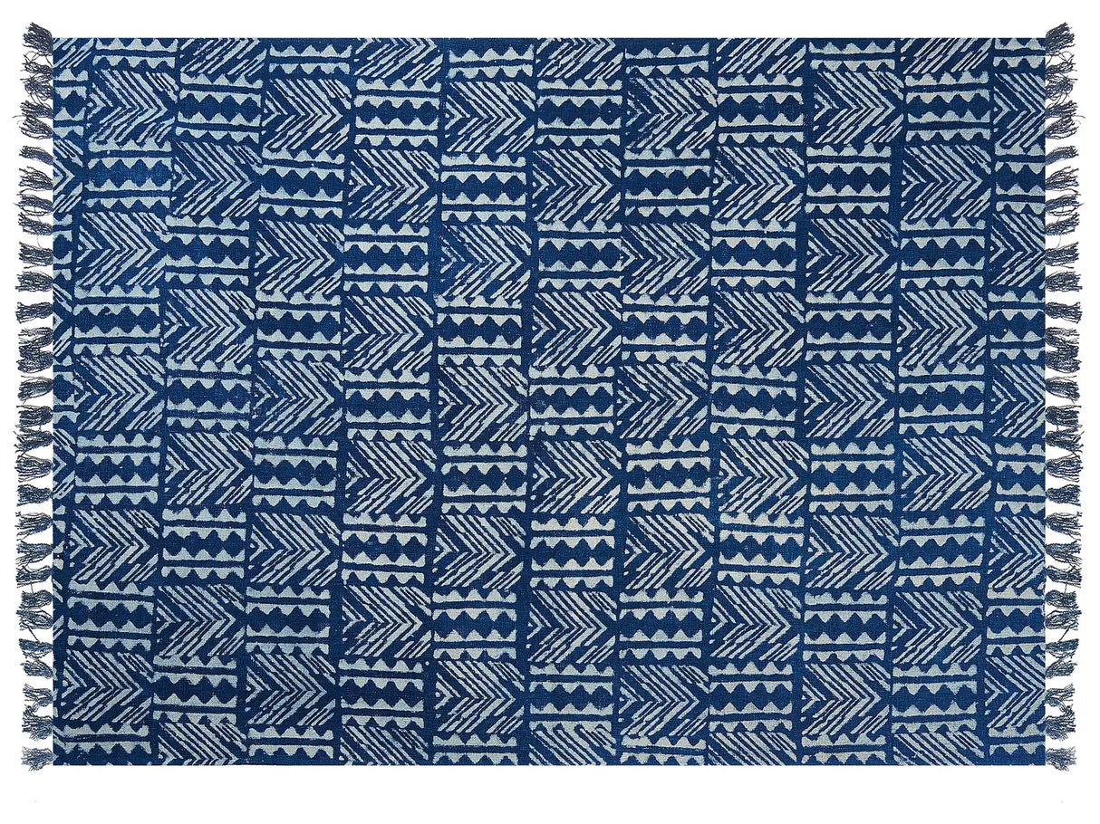 Cotton Blanket Navy Blue 130 x 180 cm Bed Throw Geometric Pattern African Print Bedroom Living Room Beliani